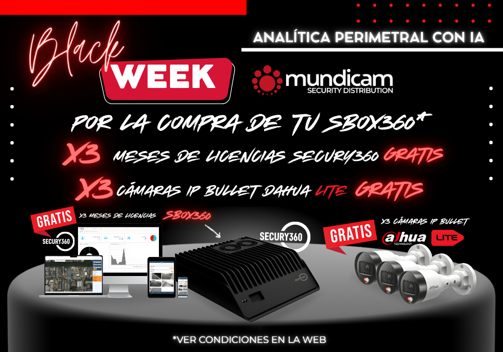 promo black week y black friday de mundicam sbox360 regalo 3 cámaras dahua litle y licencias durante 3 meses de secury360